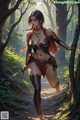 A woman in a bikini holding a sword in a forest.