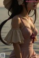 A woman in a pink dress and hat on the beach.